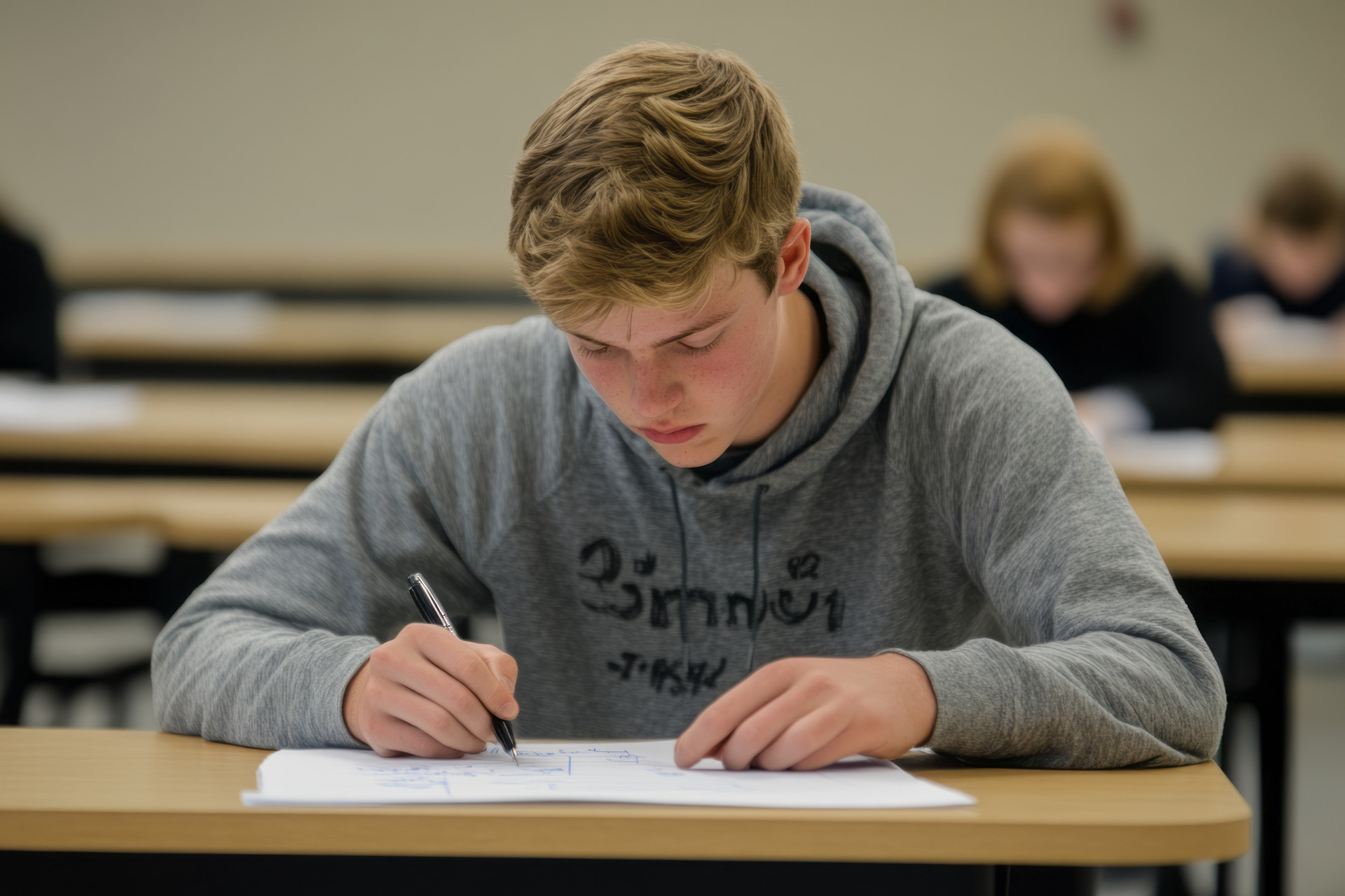 Ein Schüler sitzt an einem Schreibtisch und schreibt in einem Klassenzimmer.